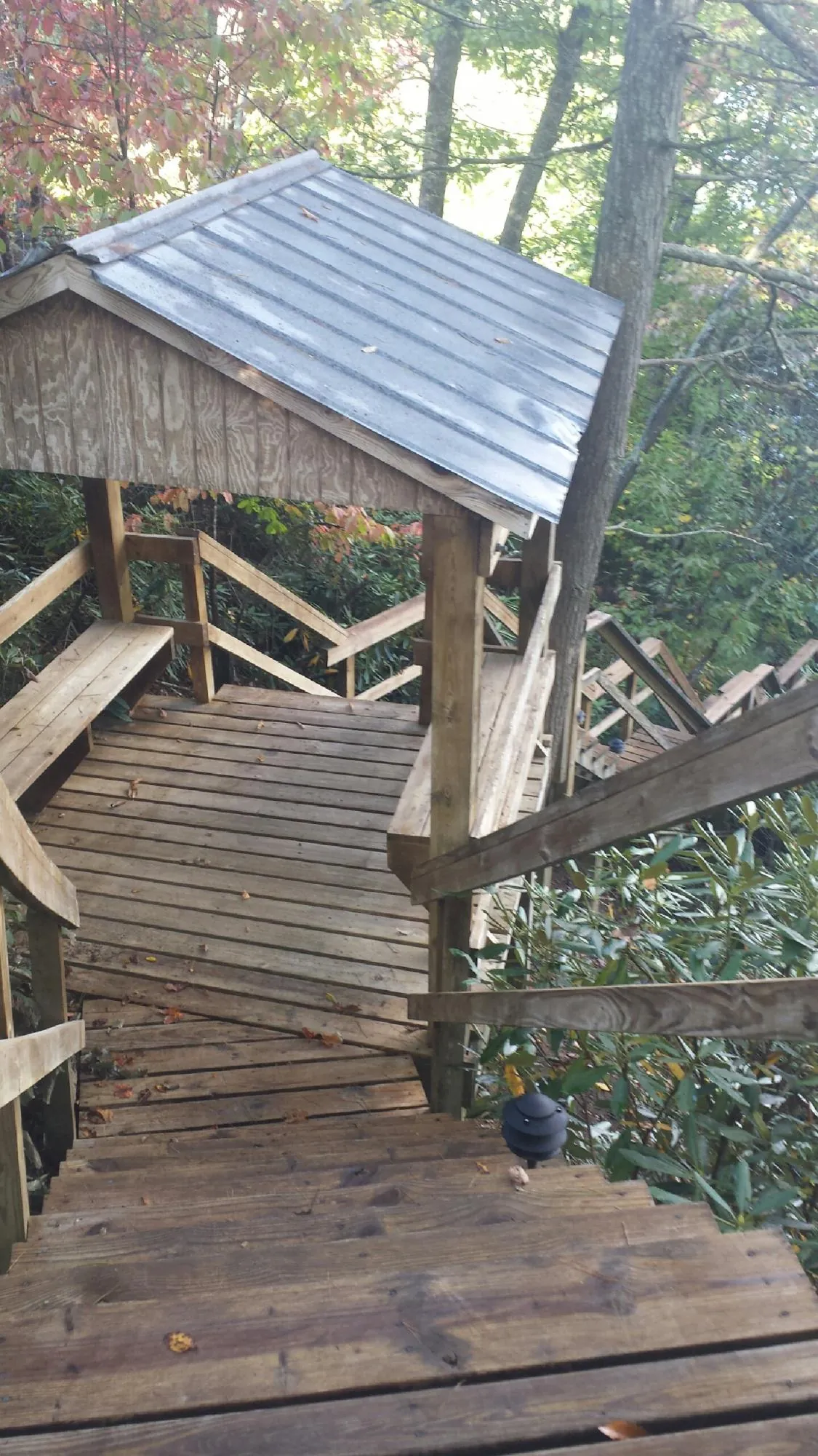 Metal roofed shelter over wooden steps on a wooded walkway — Skylight Repair & Installation work by our crew in Carbon Hill